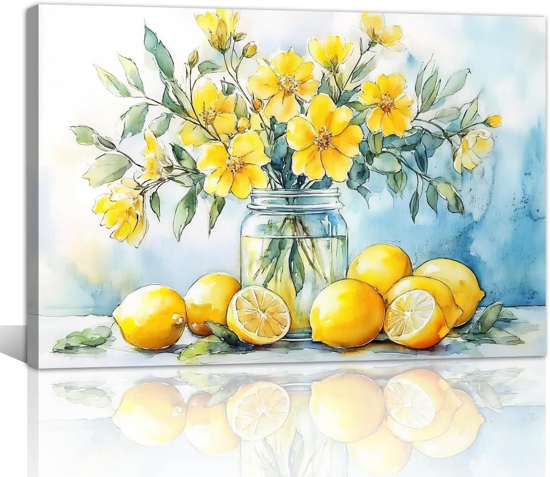 2 x Yellow Flower Wall Art Kitchen Lemon Fruit Painting Prints Rustic Farmhouse Pictures Wall Decor Watercolor Artwork for Dining Room Bathroom Decor Framed(Lemon-2,16L x 24W)