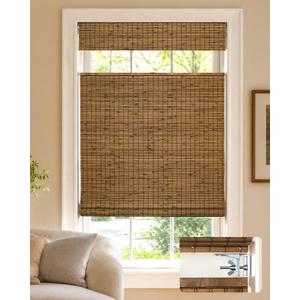 LazBlinds No Drill Bamboo Roman Shades, 35" W x 64" H, Highfield Teak | Privacy Cordless Blinds for Interior Windows, Top Down Bottom Up (TDBU) Room Darkening Roll Up Bamboo Blinds for Windows