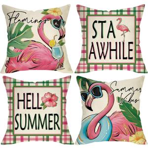 Hello Summer Vibes Flamingo Decorative Throw Pillow Covers 18 x 18 Set of 4, Stay Awhile Tropical Hawaii Palm Leaves Porch Outdoor Home Decor, Swim Ring Plaid Farmhouse Couch Cushion Case