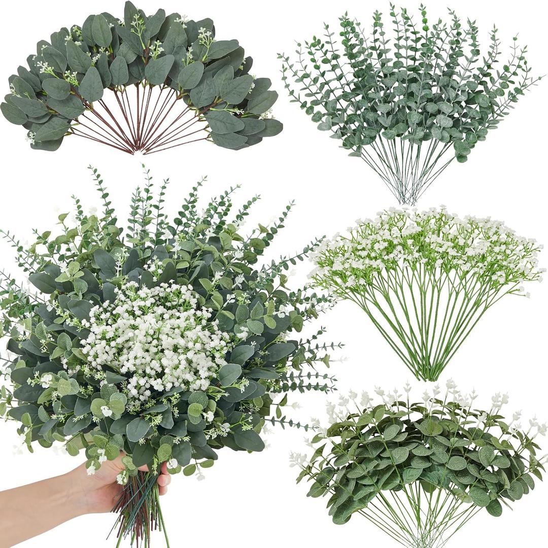 120 Pcs 4 Kinds Mixed Eucalyptus Greenery Stems, Baby Breath Flowers Artificial Bulk and Greenery Stems for DIY Bouquets Wedding Home Floral Decor