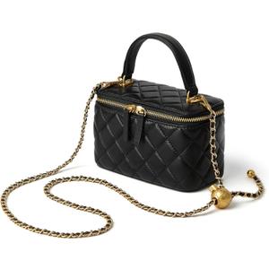 DORIS&JACKY Small Quilted Box Crossbody Purse For Women Designer Leather Mini Top Handle Pouch Bag With Metal Chain Strap (1-black)