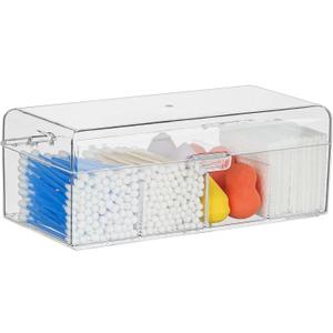 Clear Acrylic Qtip Holder Dispenser with Lid, 4-Compartment Cotton Ball Holder for Cotton Pads, Q-Tips, Makeup Sponges, Transparent athroom Canisters for Bathroom, Bedroom, or Vanity Countertop