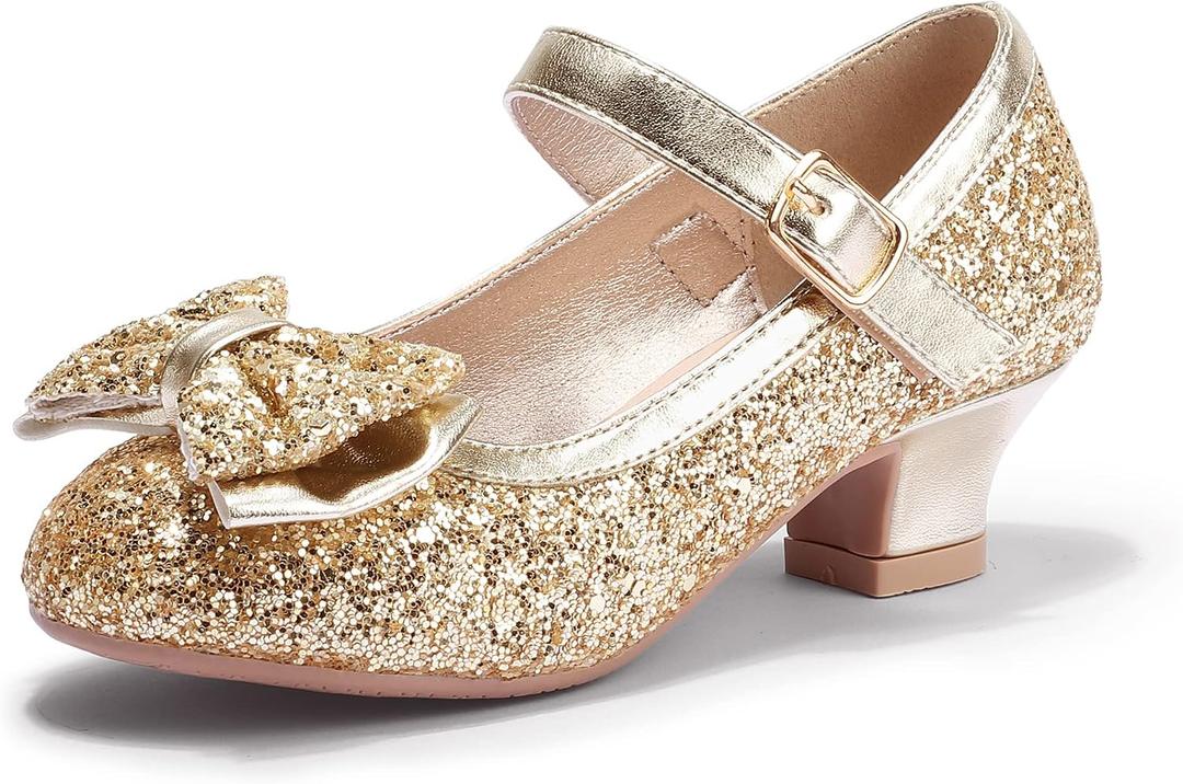 PANDANINJIA Girls Dress Shoes Toddler Heels Ruby Bow Mary Jane Low Heels Flower Girl Party Pumps Wedding Princess Shoes for Toddler/Little Kid/Big Kid (Gold Sequin, 9 M US Toddler)