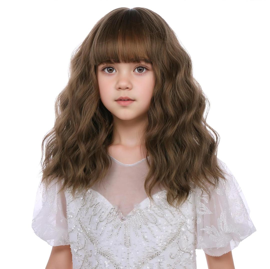 Light Brown Wig for Kids Girls Short Brown Wig with Air Bangs Child Wavy Curly Wigs Heat Resistant Synthetic Wigs with Cap