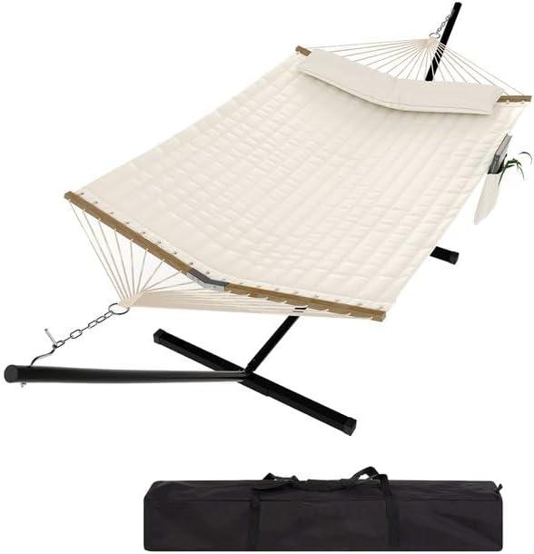 2-Person Hammock Suite with Collapsible Steel Frame  Backyard Oasis & Camping Essential (450lb Support, UV-Resistant + Storage Bag),White (Concave)