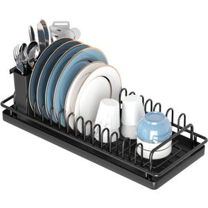 XYZLVSI Compact Small Dish Rack Sink Drying Rack with Silicone Mat, Stainless Steel Dish Drainer for Kitchen Cabinet, Kitchen Sink Rack,Dish Holder, Black