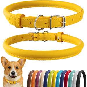 CollarDirect Rolled Leather Dog Collar, Soft Padded Round Puppy Collar, Handmade Genuine Leather Collar Dog Small Large Cat Collars 13 Colors (13-16 Inch, Yellow Smooth)