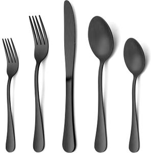 LIANYU 20 Piece Matte Black Silverware Set, Stainless Steel Black Flatware Cutlery Set for 4, Fancy Kitchen Utensil Tableware for Home Restaurant Party, Satin Finish, Dishwasher Safe