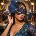 Zinniday Feather Masquerade Mask for Women - Halloween Lace Eyemask with Removable Peacock Feathers, Venetian Party Masks