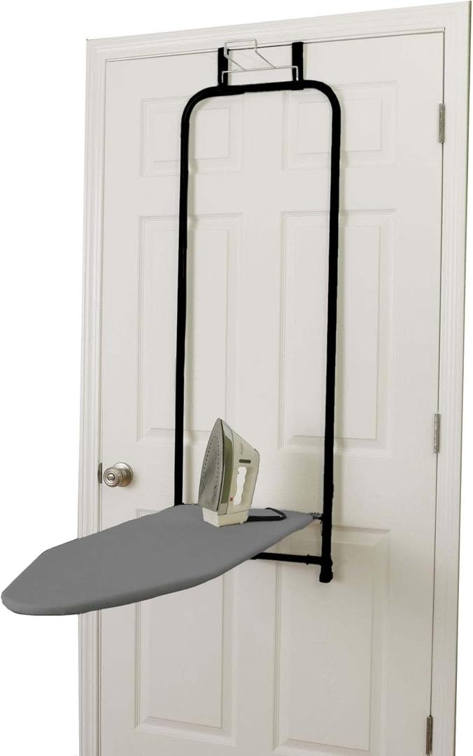 Household Essentials Over The Door Ironing Board, Self-Closing, Slim and Compact, Perfect for Small Spaces, Includes Padded Board Cover, Matte Black