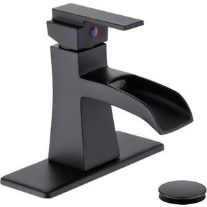 Black Waterfall Bathroom Faucet, One-Handle Bathroom Faucets for Sink 1 or 3 Hole, Matte Black Vanity Faucet, Single Hole Restroom Sink Faucet with Pop Up Drain