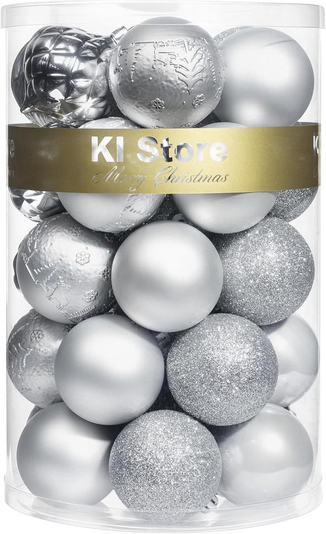 KI Store 34ct Christmas Ball Ornaments Shatterproof Christmas Decorations Tree Balls for Holiday Wedding Party Decoration, Tree Ornaments Hooks included 2.36 (60mm Silver)