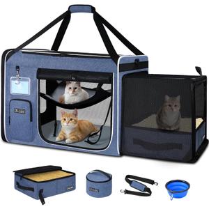 Petskd Side Expandable Extra Large Cat Carrier with Litter Box Area for Long Distance Car Travel,24"x17"x17" Collapsible Soft-Sided Large Pet Carrier with Zipper Locks for 2 Cats Under 55LBS(Blue)