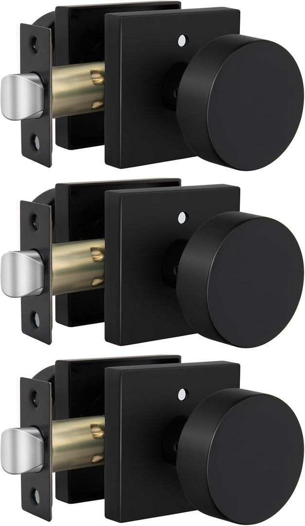 Goldenwarm Black Door Knobs Interior, Zinc Alloy Square Ball Matte Black Privacy Door Knobs for Bedroom, Bathroom,Heavy Duty Interior Door Knob Bulk - Modern & Stylish(3 Pack)