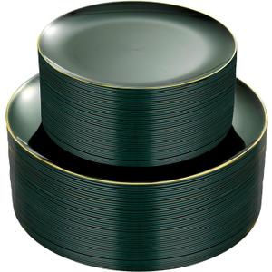 PULOTE 100PCS Green Plastic Plates - Green Disposable Plates With Gold Rim - Includes 50 Pieces Dinner 10.25 inch, 50 Pieces Dessert 7.5inch for Party & Christmas