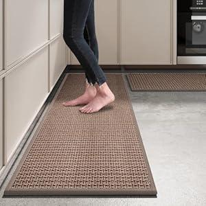 Kitchen Rugs and Mats Non Skid Washable Set of 2 PCS, Absorbent Runner Rugs for Kitchen, Farmhouse Weave Floor Mats in Front of Sink, 17.3"x 47"+17.3"x 29" (Brown)