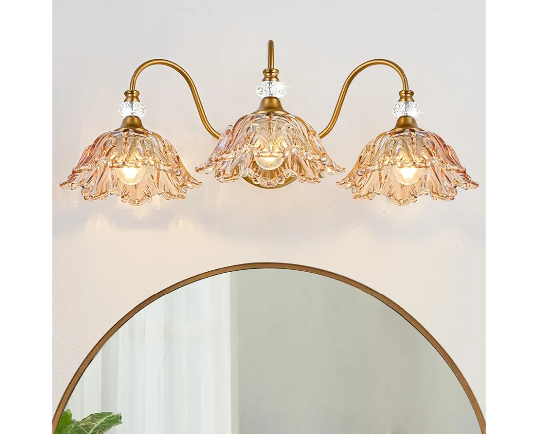 Vintage Bathroom Vanity Light, 3-Light Matte Brass Finish Vanity Light with Flower-Shaped Amber Glass Shades, Retro Wall Sconce for Bathroom, Dressing Table