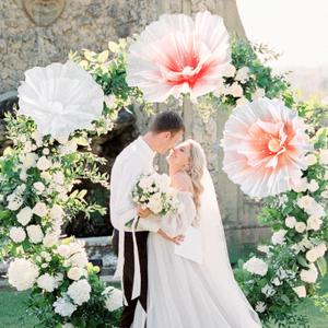 Havawish 3pcs Giant Flowers for Wedding Backdrop, Large 3D Gauze Artificial Flower Decorations for Wedding Ceremony Reception, Bridal Shower, Baby Shower, Photo Booth Party Decor, White, Orange, Pink