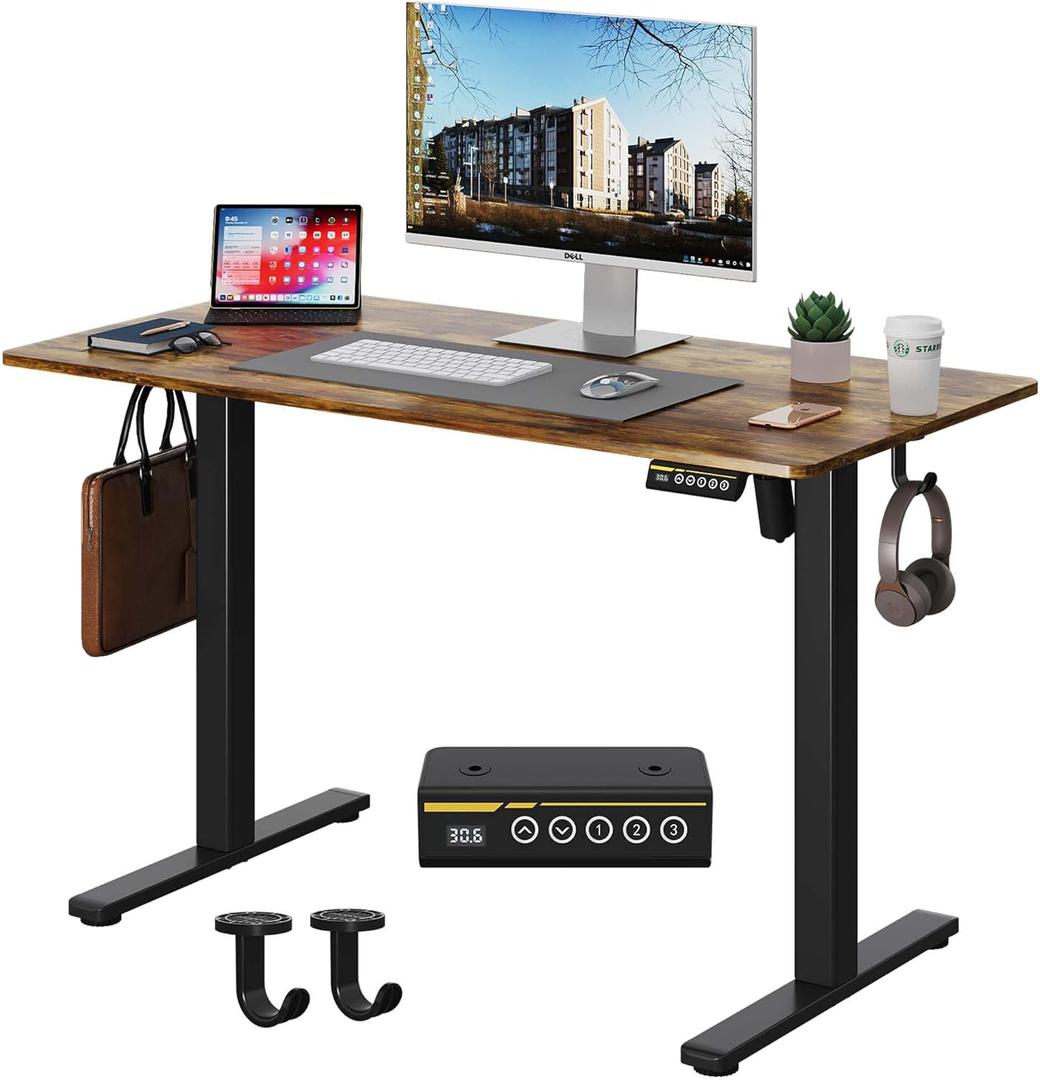 Electric Standing Desk,40x24 Inches Adjustable Height Stand up Desk, Sit Stand Home Office Desk with Splice Board, 3 Preset Heights,Equipped with Hooks,Ergonomic Computer WorkstationBrown