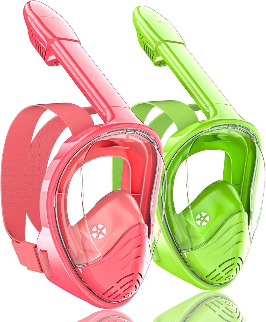 QingSong Kids Snorkel Mask Full Face, Snorkeling Set with Camera Mount, Foldable 180 Degree Panoramic View Snorkeling Gear Anti-Fog Anti-Leak (X-Small, Pink/Lemon Green)