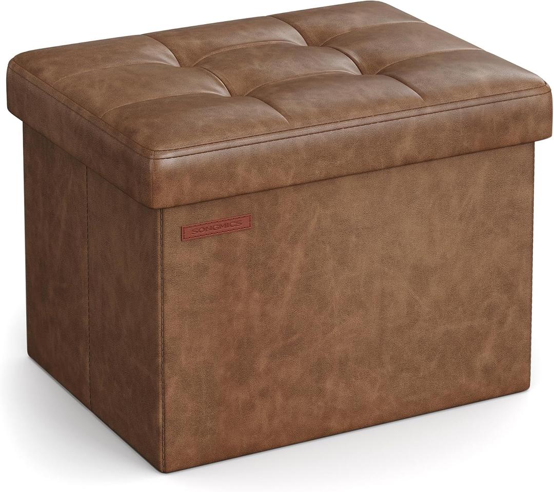 SONGMICS Small Folding Storage Ottoman, Foot Rest Stool, Cube Footrest, Synthetic Leather, 12.2 x 16.1 x 12.2 Inches, 286 lb Capacity, for Living Room, Bedroom, Dorm, Coffee Brown ULSF100K01