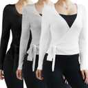 Simlakey 3 Pack Women Ballet Pilates Wrap Tops Y2K Workout Yoga Wrap Shirts Dance Long Sleeve Tie Front Crop Going Out Tops (Medium, Black, Gray, White)
