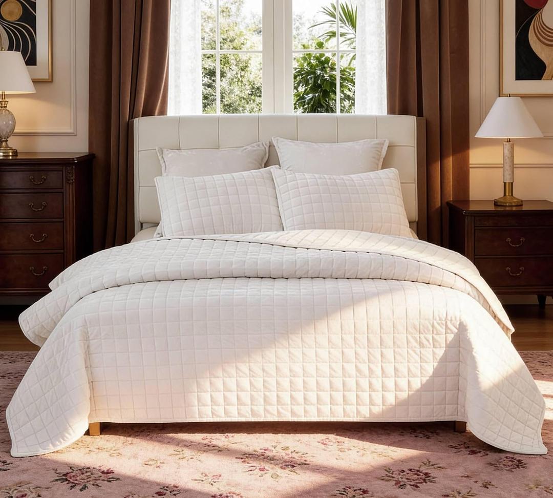 LR Rocaloca Velvet Quilt Oversized King Size 120x128 Luxurious Comforter Ultra Soft Bedding Set Quilted Bedspread Coverlet with 2 Matching Pillow Shams for All Season, Cream White