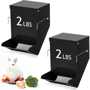 Maxcheck 2 Pcs Rabbit Feeder for Cages Small Animal Food Pellet Dispenser with Lid Metal Chicken Grit Oyster Shell Squirrel Feeders Outside(4.7 Inches,Mesh Bottom,Black)