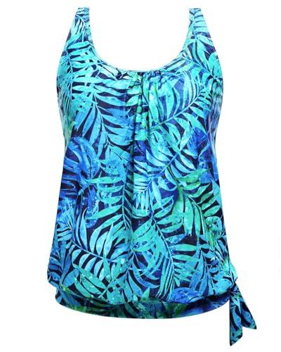 Yonique Womens Blouson Tankini Top Only Loose Fit Swim Top No Bottom Modest Swimsuit Blue Leaves X-Large