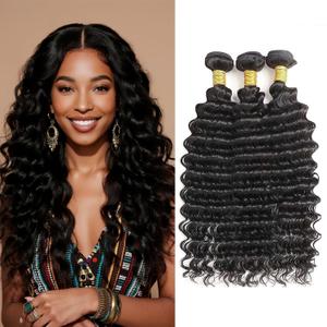 Deep Wave Human Hair Bundles 1B Natural Black 20 22 24 Inch 12A Brazilian Virgin Remy Hair Extensions 3 Bundles Full Curly Weave for Black Women