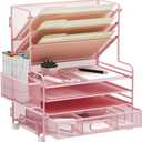 4-Tier Paper Organizer + 3-Pocket File Holder + Drawer + Pen Holders, Desktop File Organizers Paper Tray for Office Supplies School Classroom Organization (Pink, with Drawer & Pen Holder)