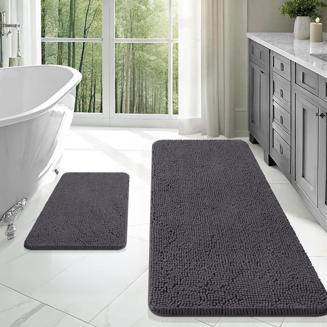 OLANLY Bathroom Rugs Sets 2 Piece, Soft Absorbent Chenille Bath Mats Area Rug Set, Non-Slip, Quick Dry, Machine Washable Bath Mats for Bathroom, Home Decor Accessories (47"x20"+24"x16", Dark Grey)