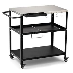GVGBUK Outdoor Grill Cart Table, Pizza Oven Stand with Casters, Silver