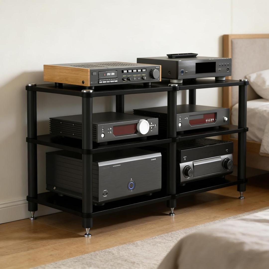 Heavy Duty AV Media Stand, Multifunctional Stacking Audio Component Rack with Shock-Absorbing Foot pegs, Audio Stand for Home Theater Studio (Black, Third Floor)