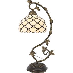 Tiffany Table Lamp, Stained Glass Desk Reading Light,Metal Leaf Table Lamp Base 8X10X21 Inches (Cream Bead)