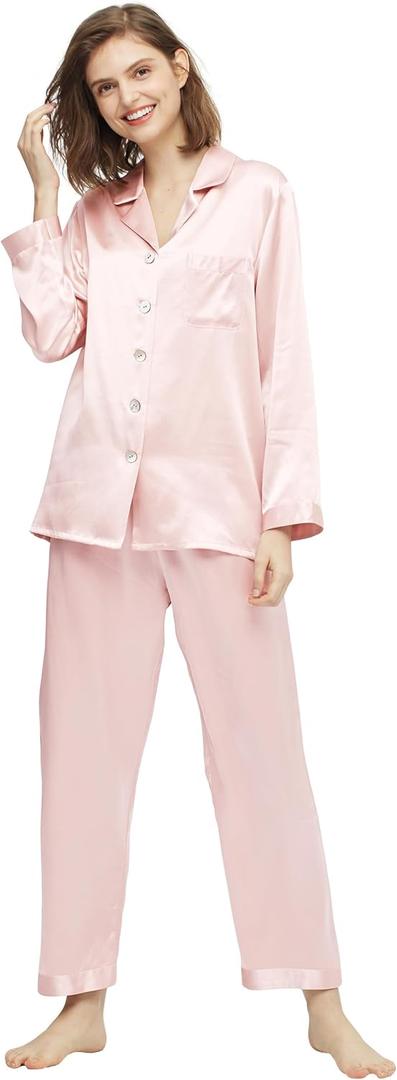 LilySilk Silk Pajamas for Women Pure Full Length Long 22 Momme 100% Mulberry Silk Luxury (Medium, Light Pink)