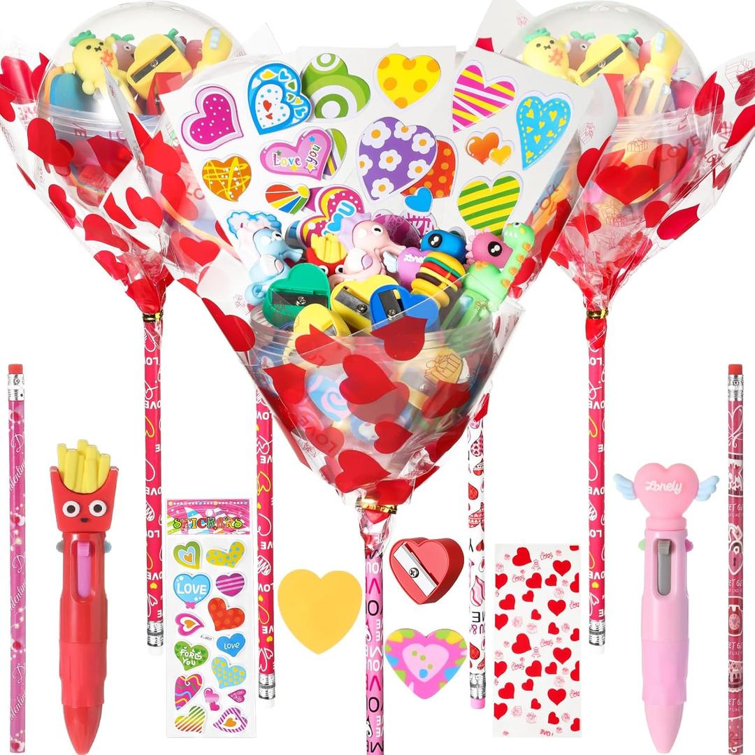 Glenmal Valentines Day Gifts for Teacher 24 Pack Giant Lollipop-shaped Stationery Set with Pencils Stickers Erasers 4-in-1 Pen Notepads Sharpener for Classroom Valentines Exchange School Party Favors