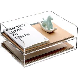 HeZone Paper Organizer, 2 Tier Stackable A4 Size Acrylic Letter Tray, Office/Home/School Organization - Clear