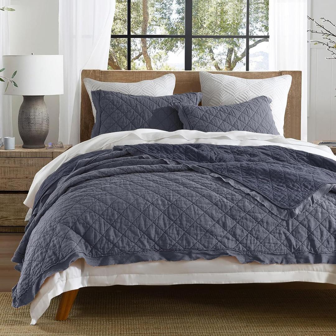 HORIMOTE HOME 100% Linen Front/100% Cotton Back Quilt Set King Size, Steel Blue Pre-Washed European Flax Linen Quilt, Diamond Stitch Bedspread Coverlet Bedding Set 3-Piece for All Seasons