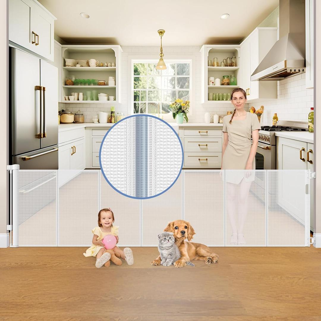 Reinforced 150 Inch Retractable Baby Gates for Doorways Extra Wide Baby Gates for Large Openings Child Gate for Wide Openings Extra Long Dog Gates for The House Extra Wide Retractable Pet Gate for Dog (33" Tall x 150" Wide With Reinforced Strip, White)