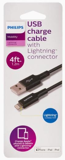 Philips Usb Charger Cable With Lightning Connector, 4 ft, Black
