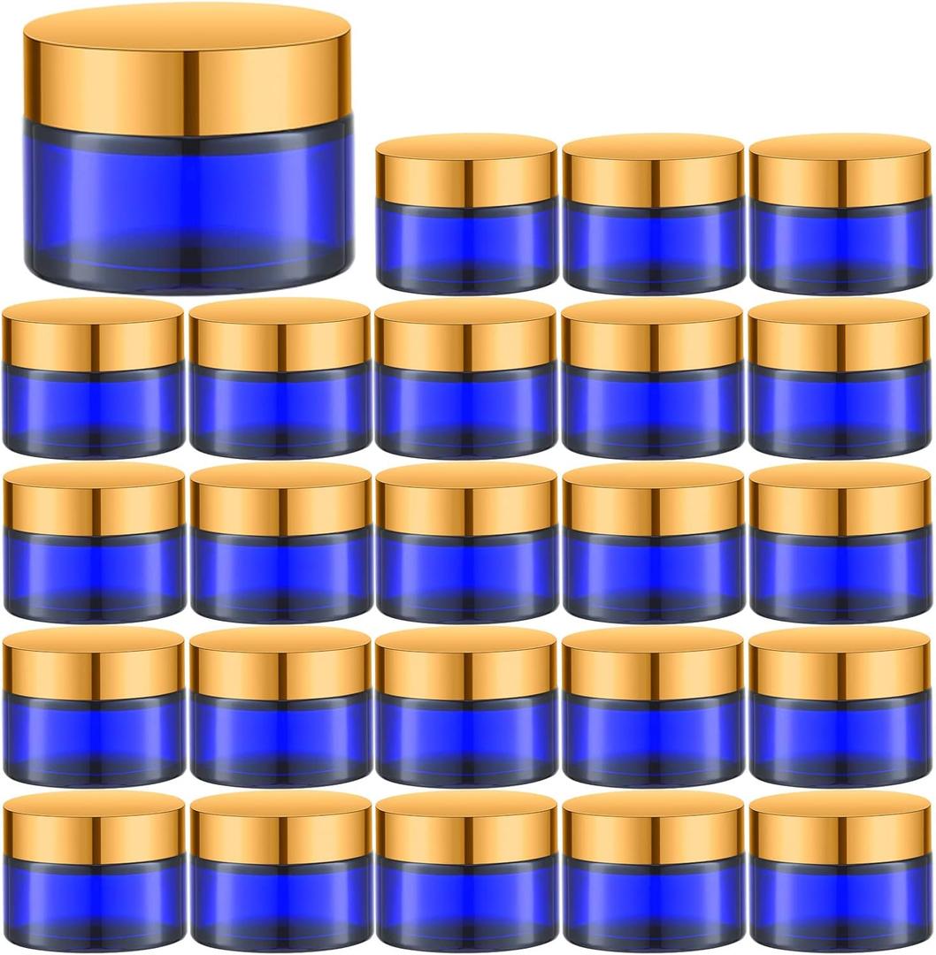 IRON BILL 1 Oz Blue Round Glass Jars with Inner Liners and Gold Lids(24PCS) Empty Cream Containers Refillable Cosmetic Vials for Cosmetics, Lotions, Ointment, Body Scrubs & Balms