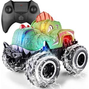 Monster Truck Toys, 1:20 Waterproof Dinosaur Monster Trucks for Boys Age 4-7, 2.4GHz All Terrain RC Cars with 2 Batteries, 360 Rotating Stunt RC Car Toy Birthday Gift for Kids 3-5 (Green)