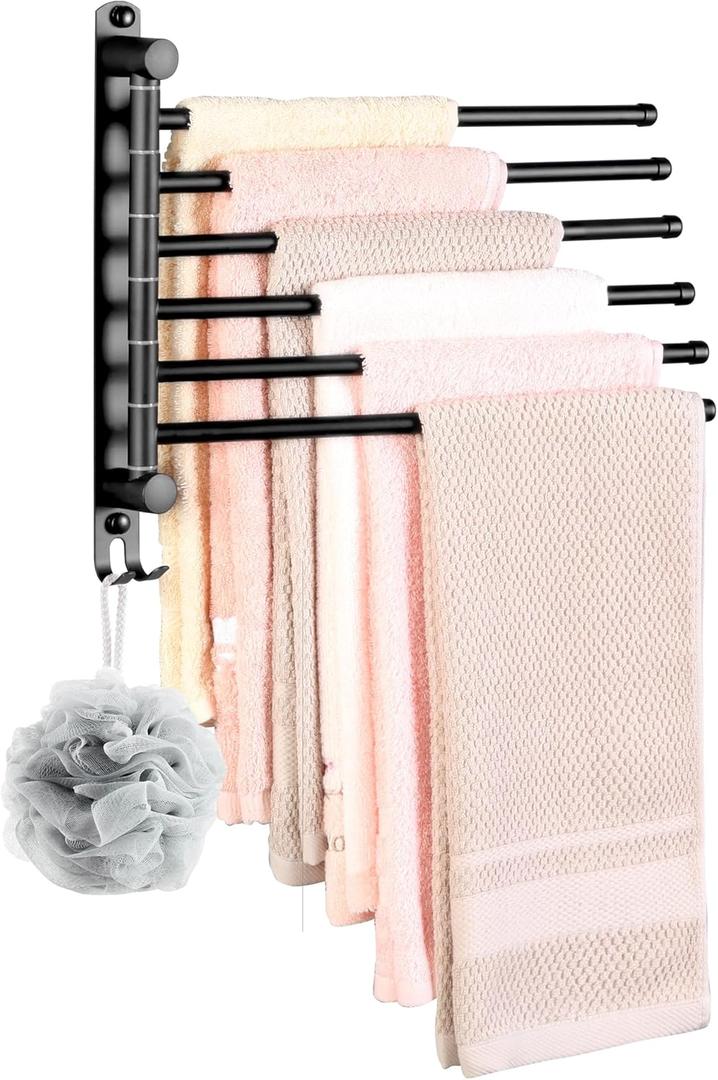 Swivel Towel Rack, 12.6 Inch Towel Bar with Wall Mounted 180 Rotation, 6 Arms Towel Hanger SUS 304 Stainless Steel, Space Saving for Kitchen, Bathroom, Outdoor, Matte Black