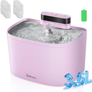 Cat Water Fountain, 122oz/3.6L Pumpless Wireless Cat Fountain, Cordless Water Fountains for Cats Indoor, Dog Pet Water Fountain Battery Operated with Stainless Steel Tray (Pink, Fountain+8 Fliters)