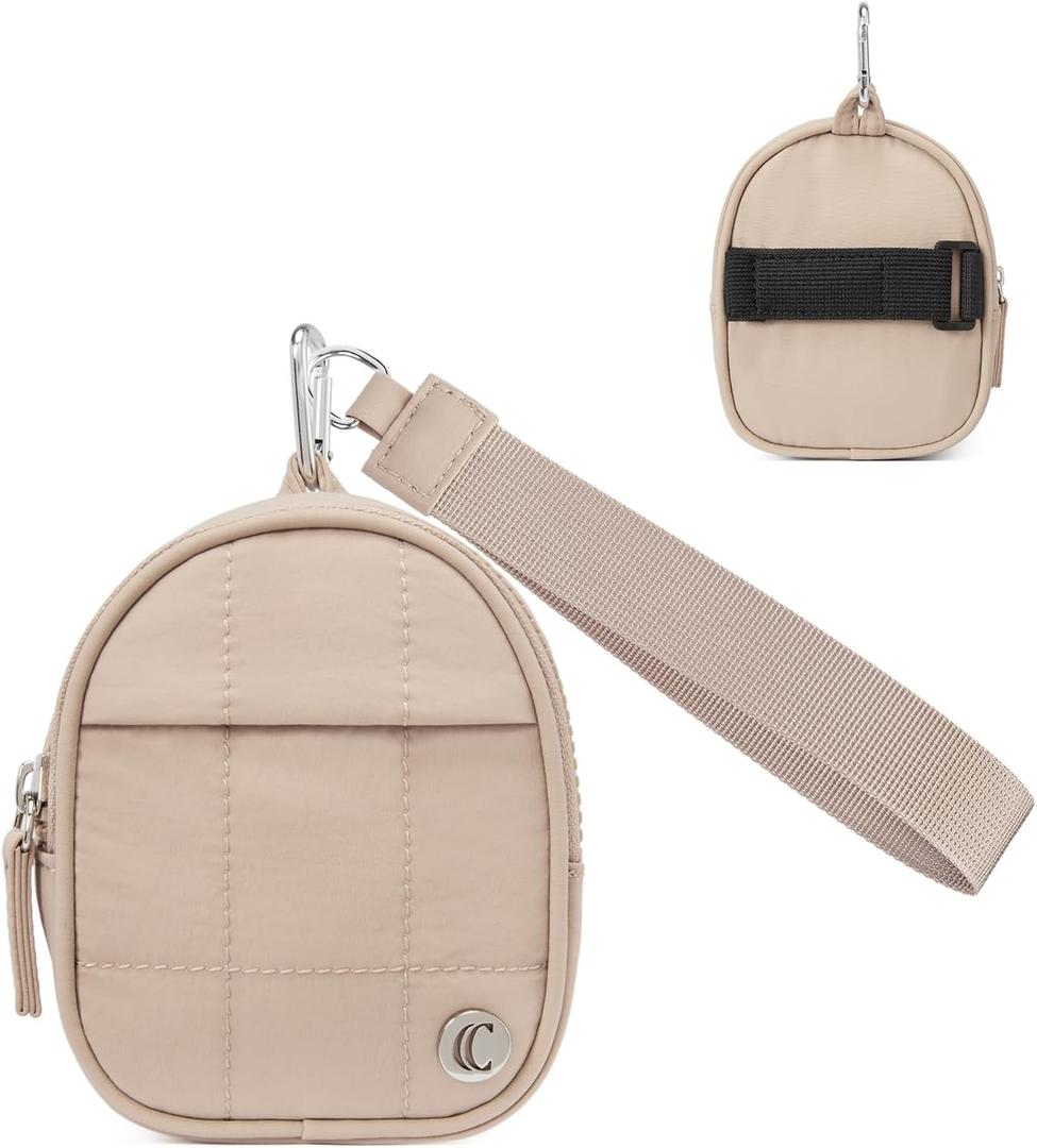 CLUCI Mini Backpack Keychain Wallet Small Change Quilted Coin Purse Cute Puffer Wristlet Pouch with 3 RFID Card Slots (Pale Camel)