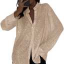 AMPOSSTO Womens Sequins Long Sleeve Collared Shirt Button Down Open Front Shirt Loose Blouses Shirst Tops (M)