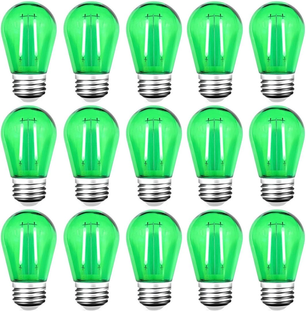 15 Pack S14 LED String Light Bulbs, Shatterproof 2 Watt Green Replacement Bulbs for Outdoor String Light, Waterproof Decorative E26 Base Green Filament Edison Christmas Light Bulbs