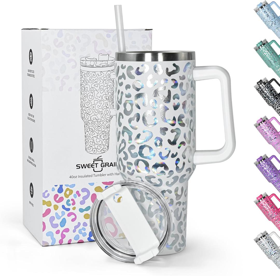 sweet grain 40 oz Tumbler with Handle and Straw, Stainless Steel White Leopard Print Tumbler and Straw Lid, Double Vacuum Cheetah Cup, Keeps Drinks Cold Up to 24 Hours (Cream)