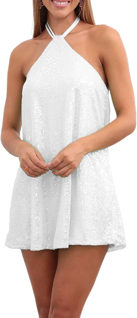hibshaby Women's Glitter Sequin Dress Halter Neck Party Cocktail Sparkly Mini Dress Clubwear (White) X-Small